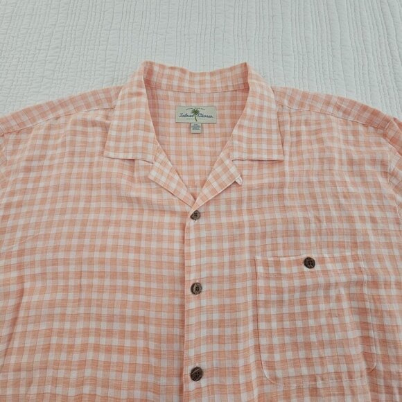 Island Shores Linen Blend Short Sleeve Button Shirt Men's XXL Orange White EUC - Picture 5 of 14